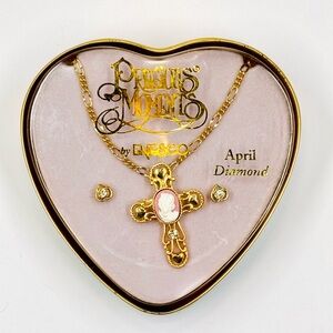Enesco Precious Moments Gold Necklace Pink Cameo Cross Pendant Earring Set NIB